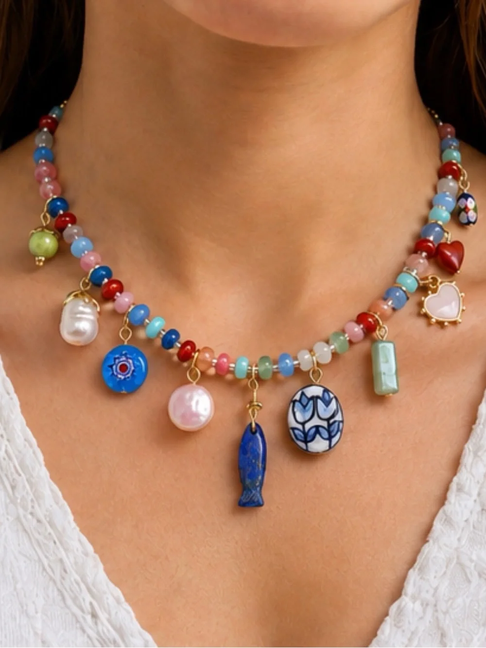 Atterri | Semi-Precious Stone & Genuine Shell Coastal Chic Charm Necklace - Picture 3 of 9